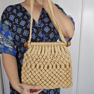 Vintage 1970s Boho Jute‎ Rafia Woven Bag Wood Summer Natural Shoulder Shopping